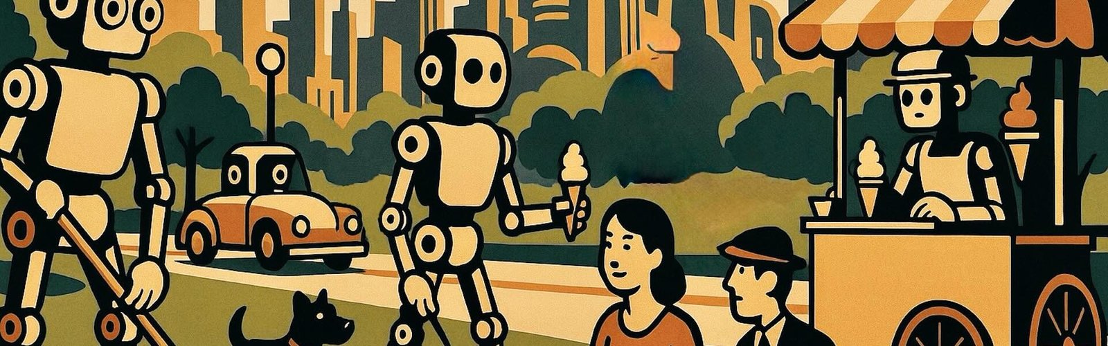 Robots doing human jobs in a park in front of a futuristic city