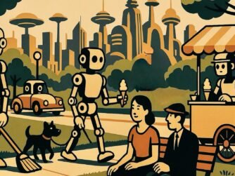 Robots doing human jobs in a park in front of a futuristic city