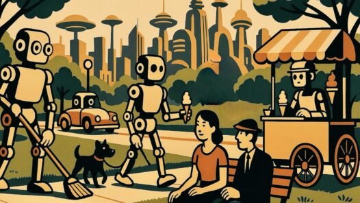 Robots doing human jobs in a park in front of a futuristic city